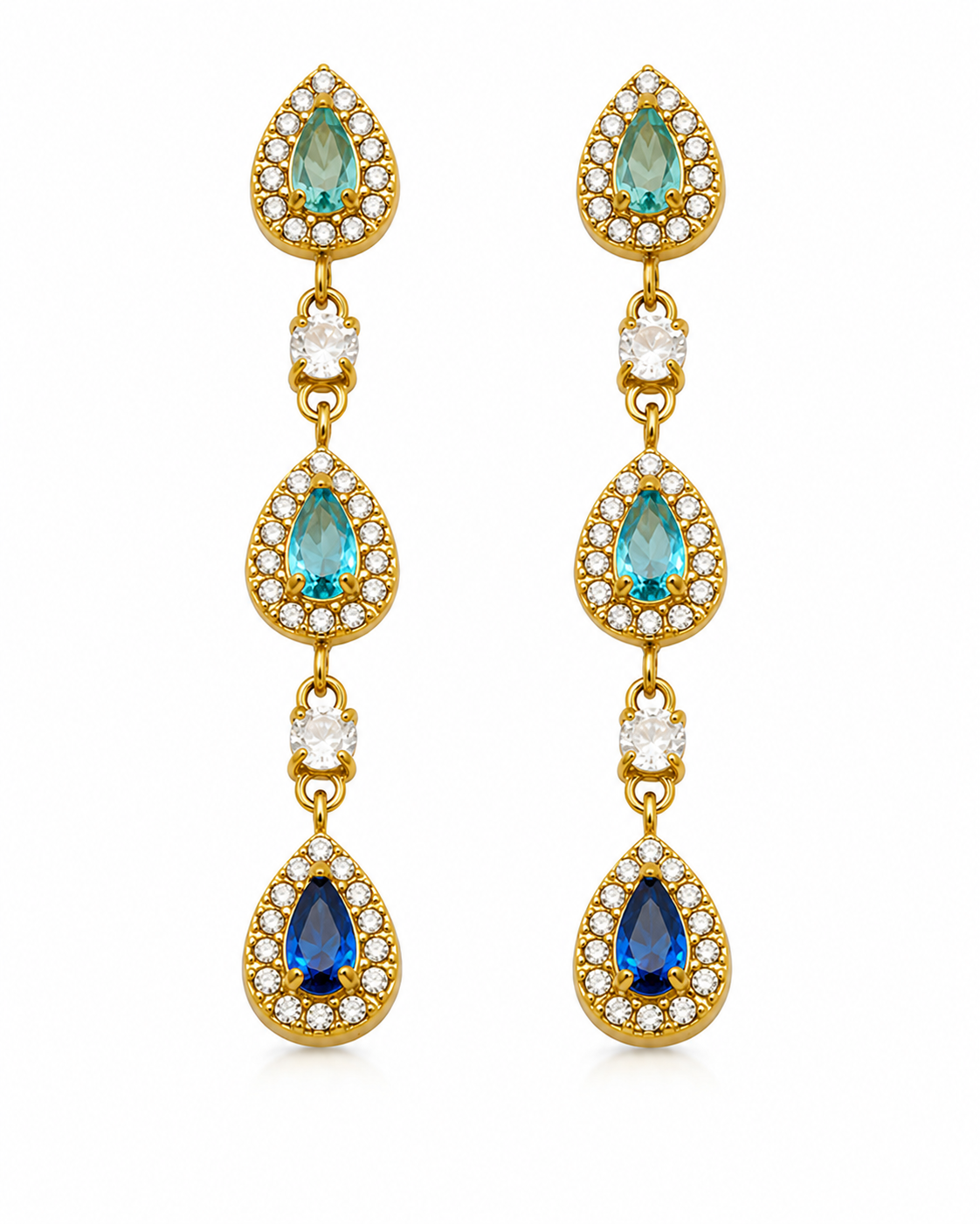 Side view of Elara Triple Teardrop Zircon Earrings by Zodiglow