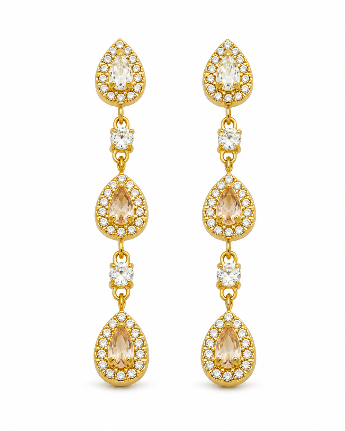 Styled view of Elara Triple Teardrop Zircon Earrings by Zodiglow