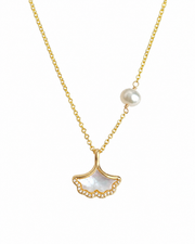 Front view of Élodie Freshwater Pearl Ginkgo Necklace by Zodiglow