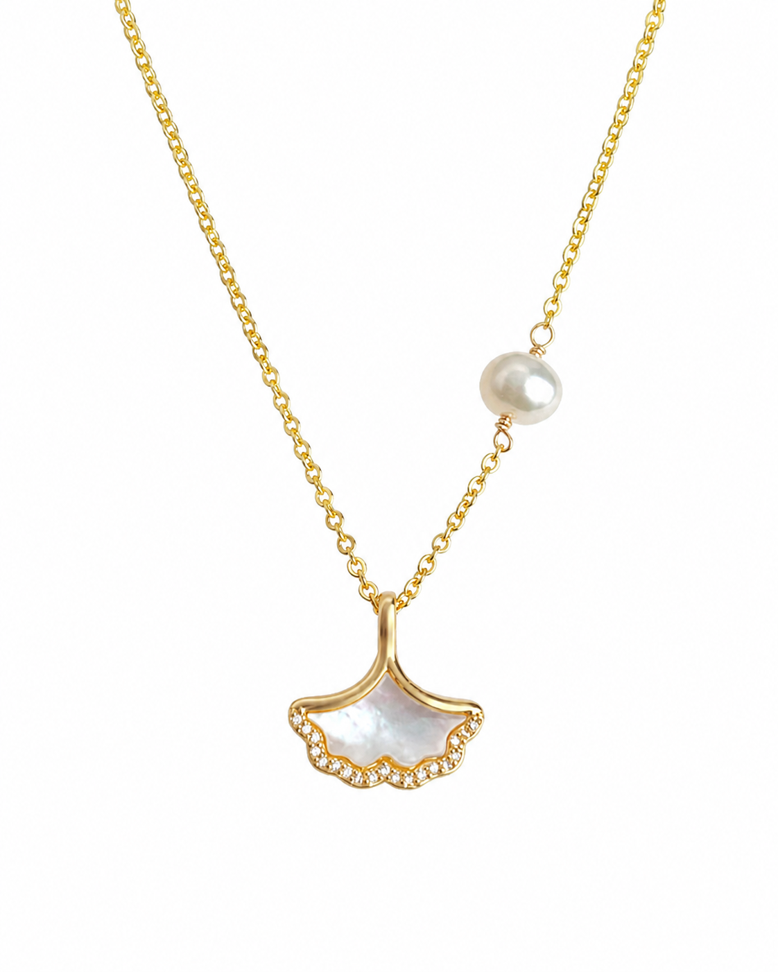 Front view of Élodie Freshwater Pearl Ginkgo Necklace by Zodiglow