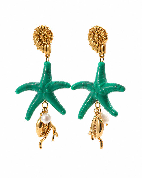 Front view of Emerald Reef Starfish Drop Earrings by Zodiglow