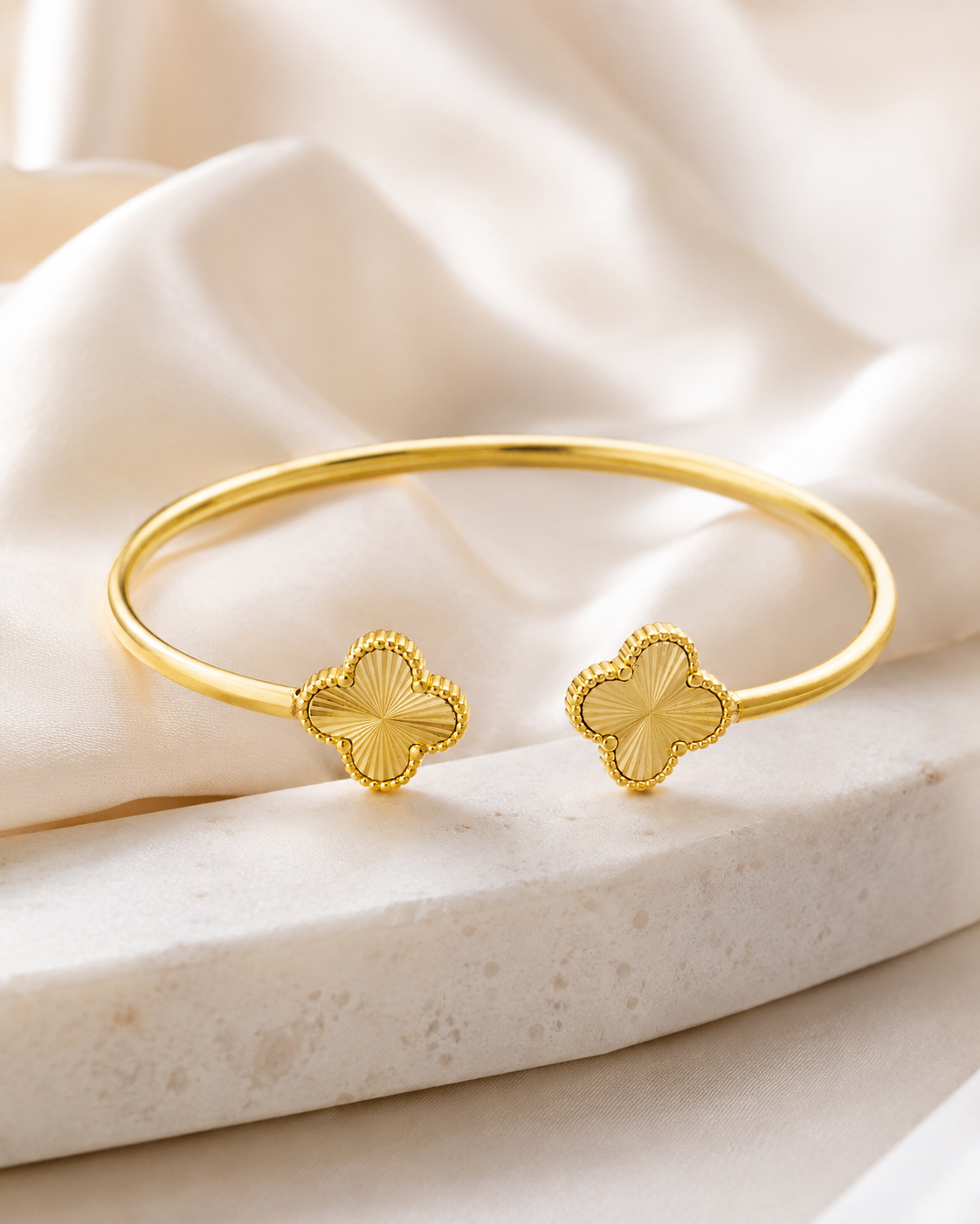 Detail view of Fortuna Clover Cuff Bracelet by Zodiglow