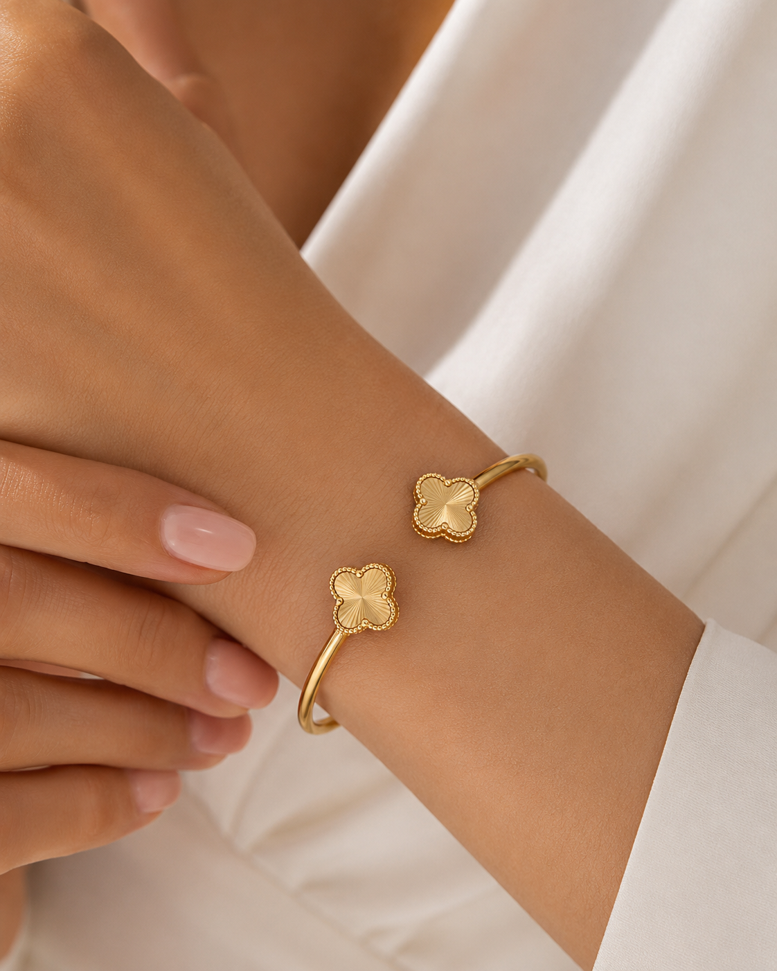 Side view of Fortuna Clover Cuff Bracelet by Zodiglow