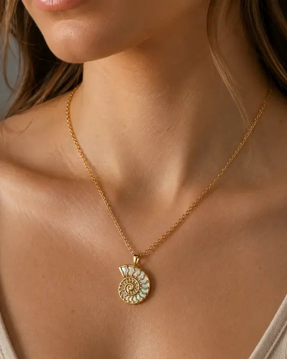 Alternate view of Gold Ammonite Shell Pendant Necklace by Zodiglow
