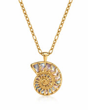 Front view of Gold Ammonite Shell Pendant Necklace by Zodiglow