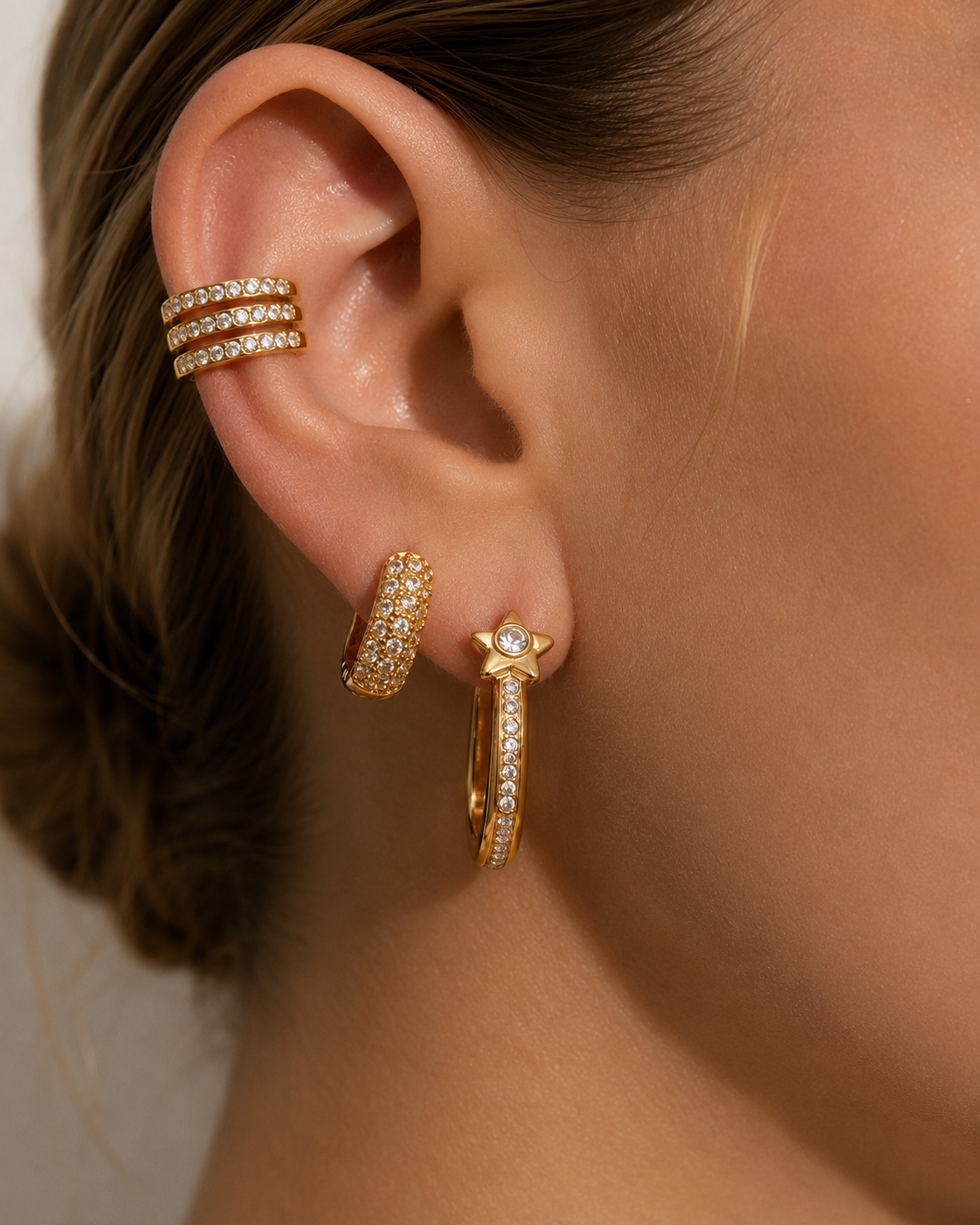 Side view of Gold Crystal Hoop Earrings by Zodiglow