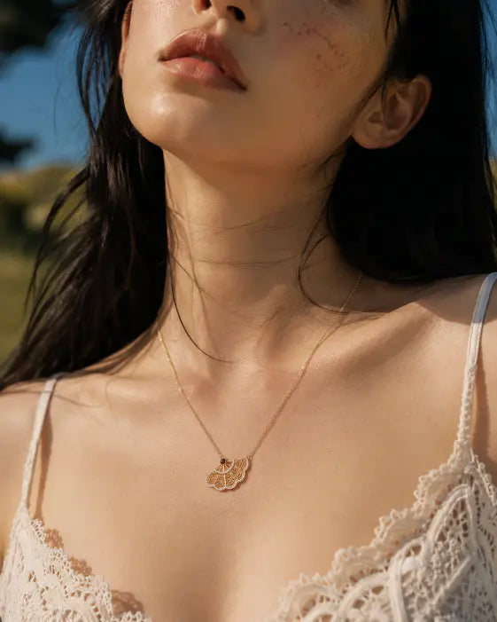 Alternate view of Gold Filigree Fan Necklace with Garnet Heart by Zodiglow