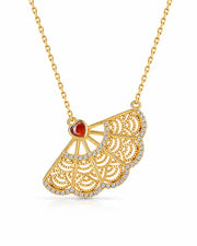 Front view of Gold Filigree Fan Necklace with Garnet Heart by Zodiglow