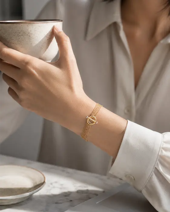 Side view of Golden Cascade Toggle Bracelet by Zodiglow