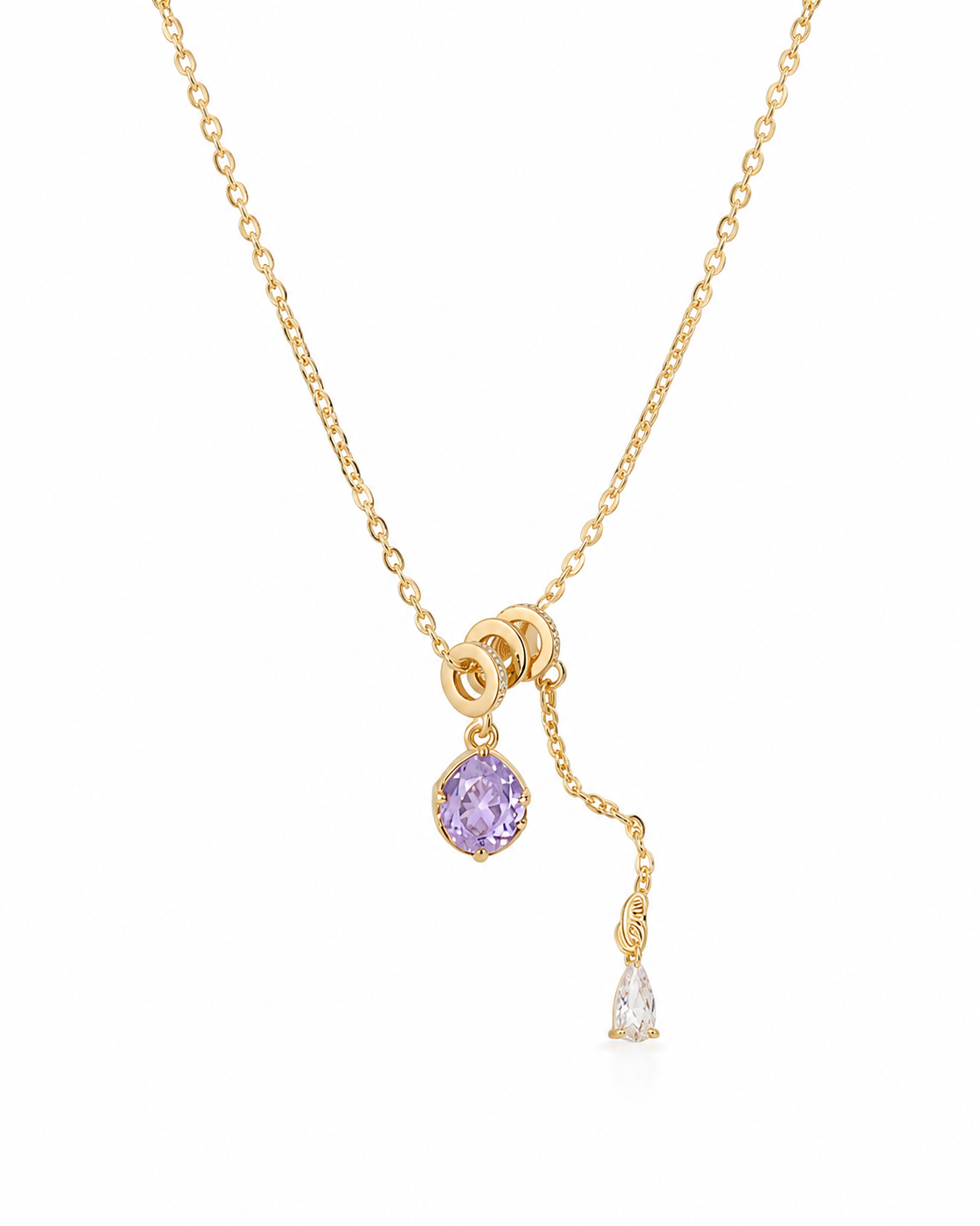Front view of Lilac Orbit Drop Necklace by Zodiglow