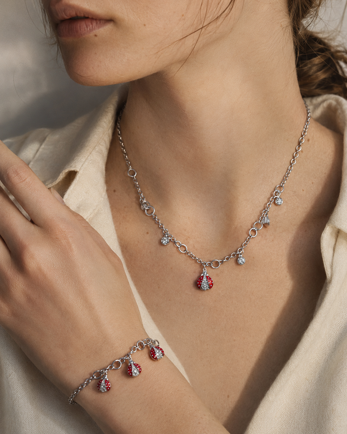 Detail view of Lucky Ladybug Charm Necklace & Bracelet by Zodiglow