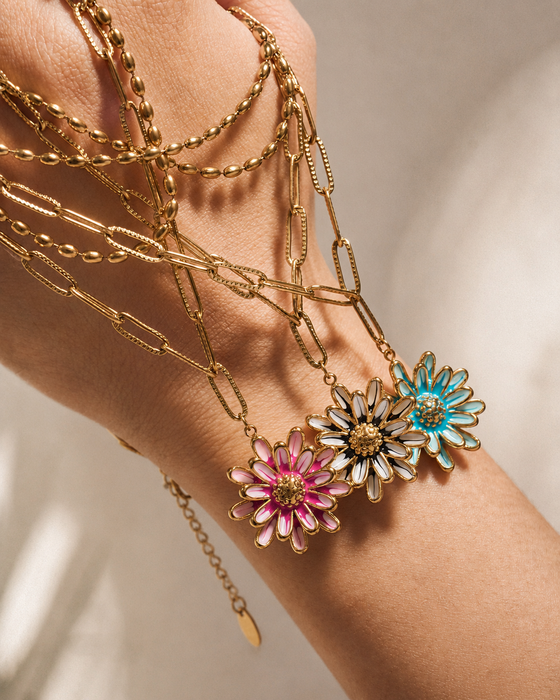 Detail view of Maribel Daisy Layered Necklace by Zodiglow