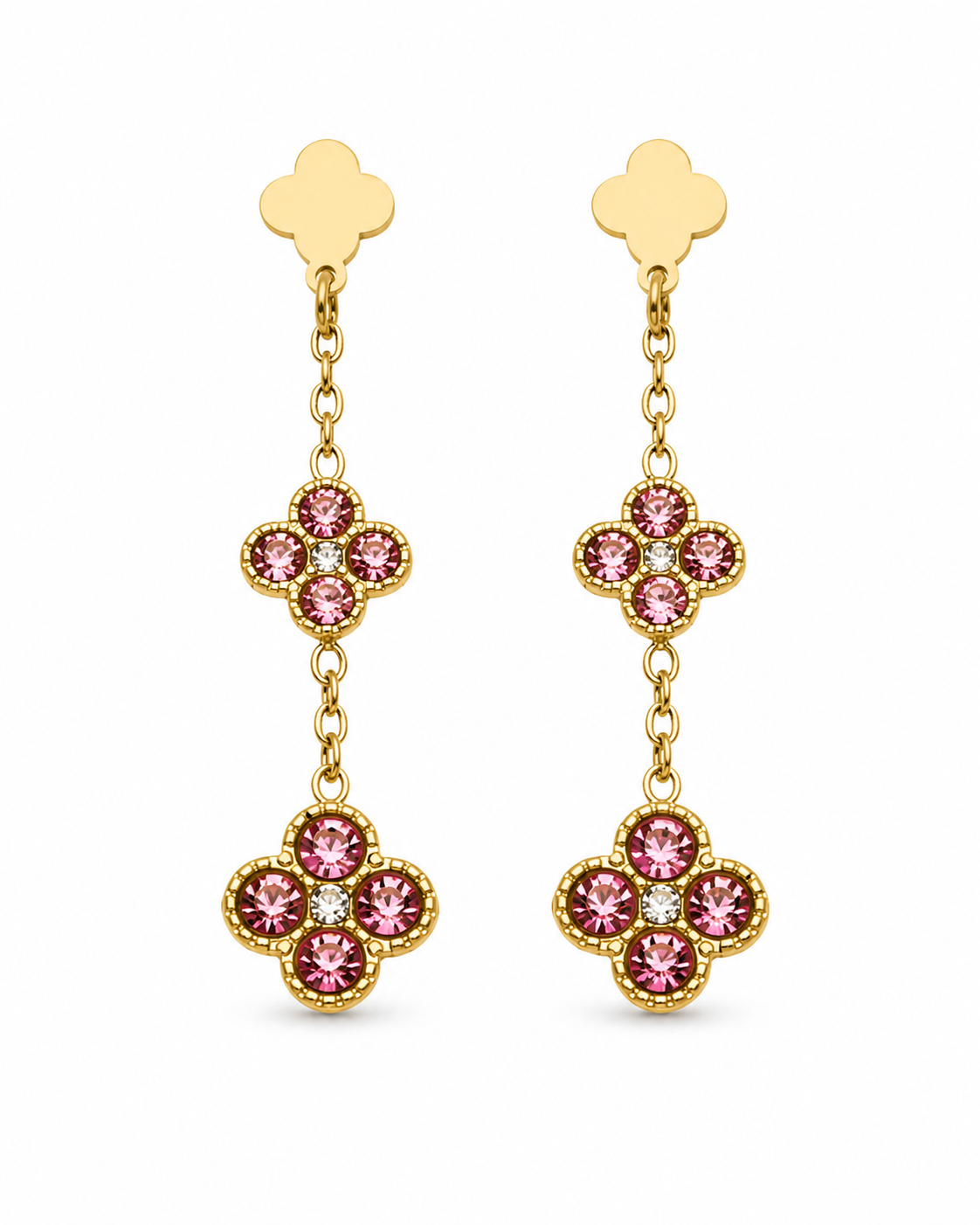 Close-up view of Marielle Double Clover Zircon Drop Earrings by Zodiglow