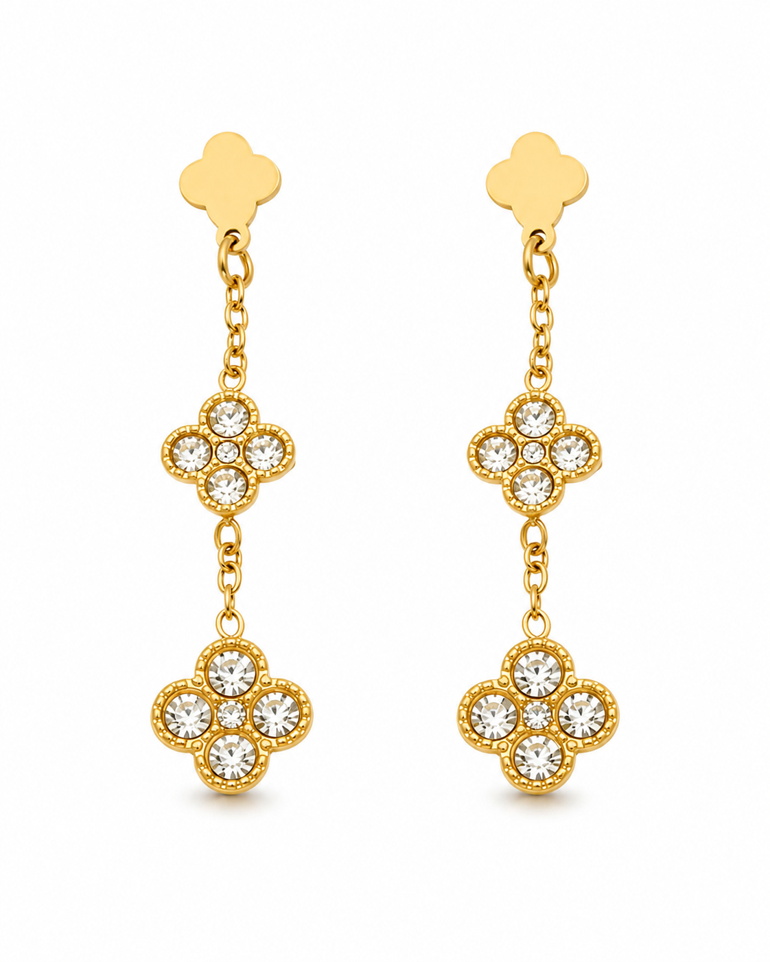 Front view of Marielle Double Clover Zircon Drop Earrings by Zodiglow
