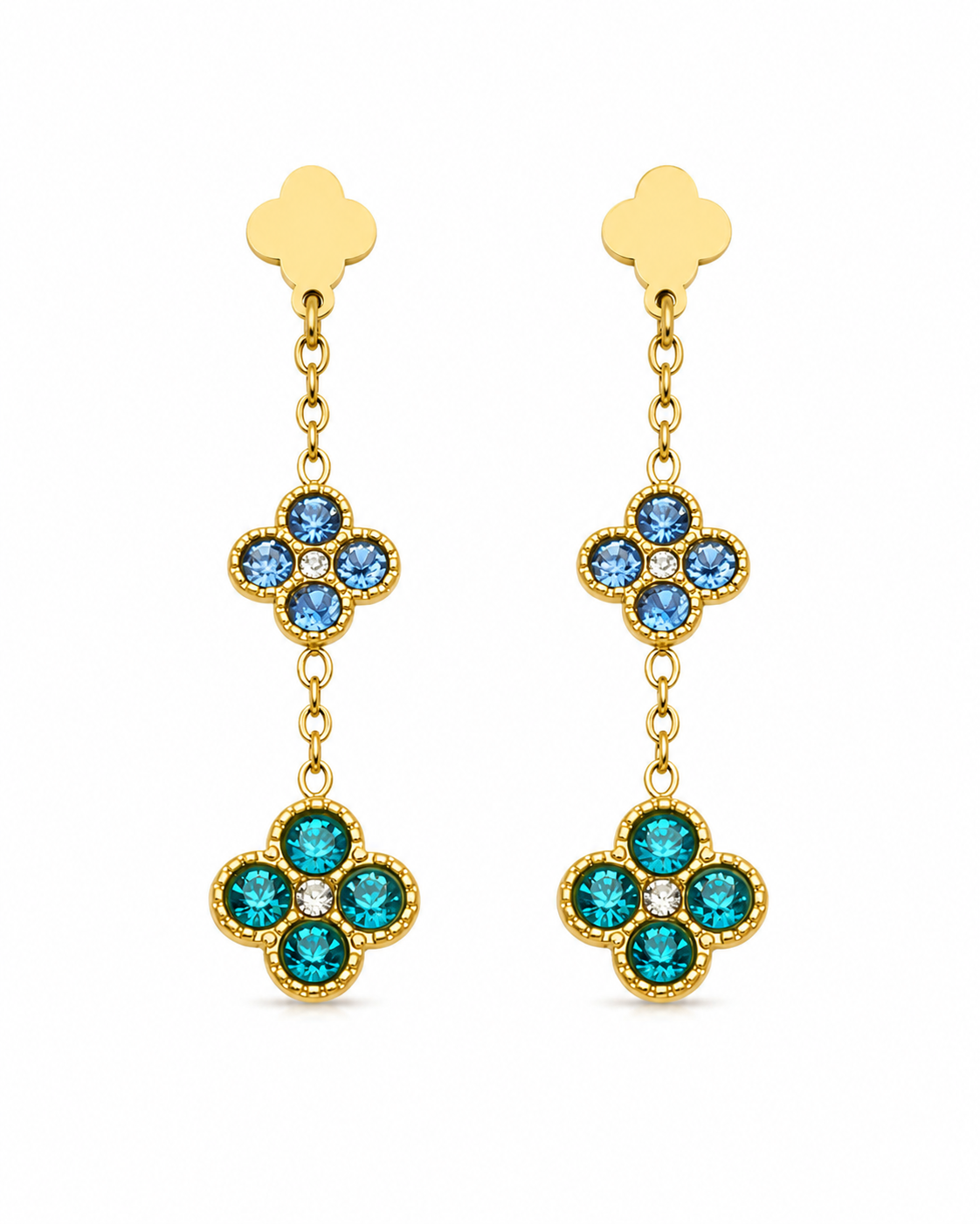 Styled view of Marielle Double Clover Zircon Drop Earrings by Zodiglow