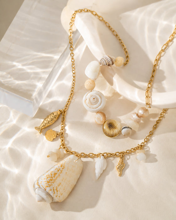 Side view of Marina Shell Beaded Necklace by Zodiglow
