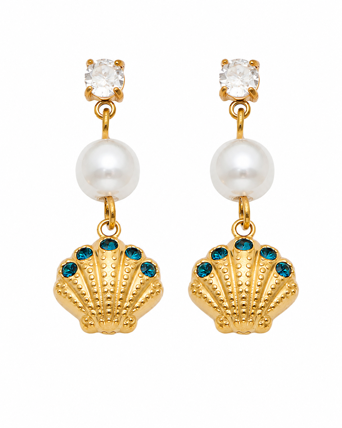 Close-up view of Maris Ocean Pearl Drop Earrings by Zodiglow