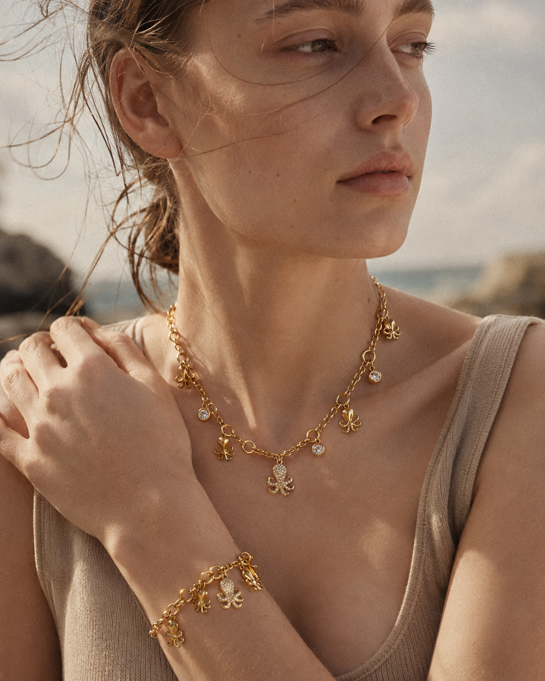 Detail view of Maris Octopus Charm Necklace & Bracelet by Zodiglow