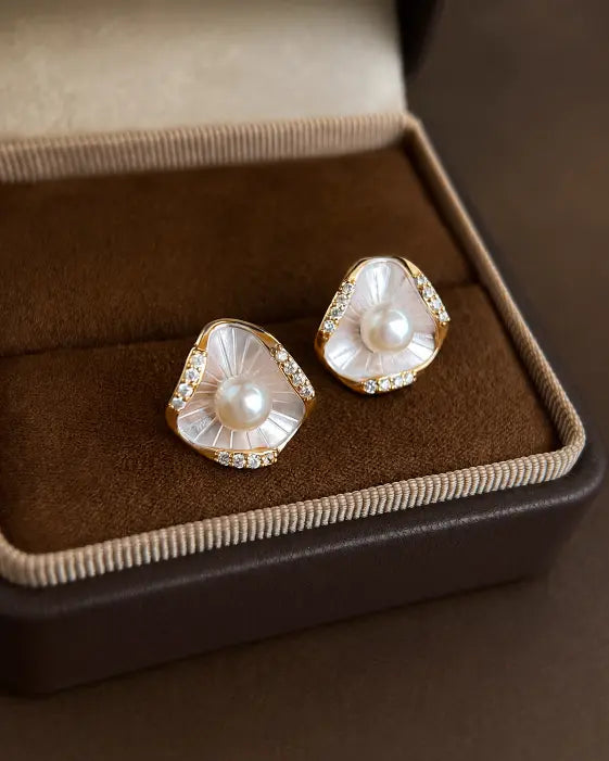 Detail view of Mariselle Freshwater Pearl Shell Stud Earrings by Zodiglow