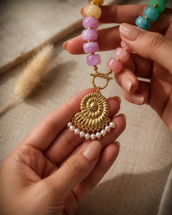 Detail view of Marisol Rainbow Beaded Pendant Necklace by Zodiglow