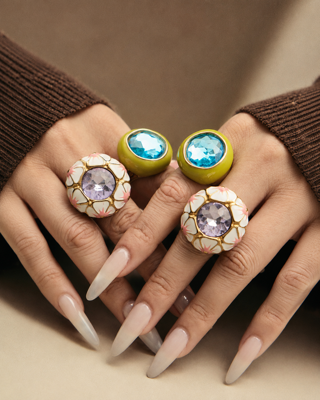 Close-up view of Mira Enamel Statement Ring by Zodiglow