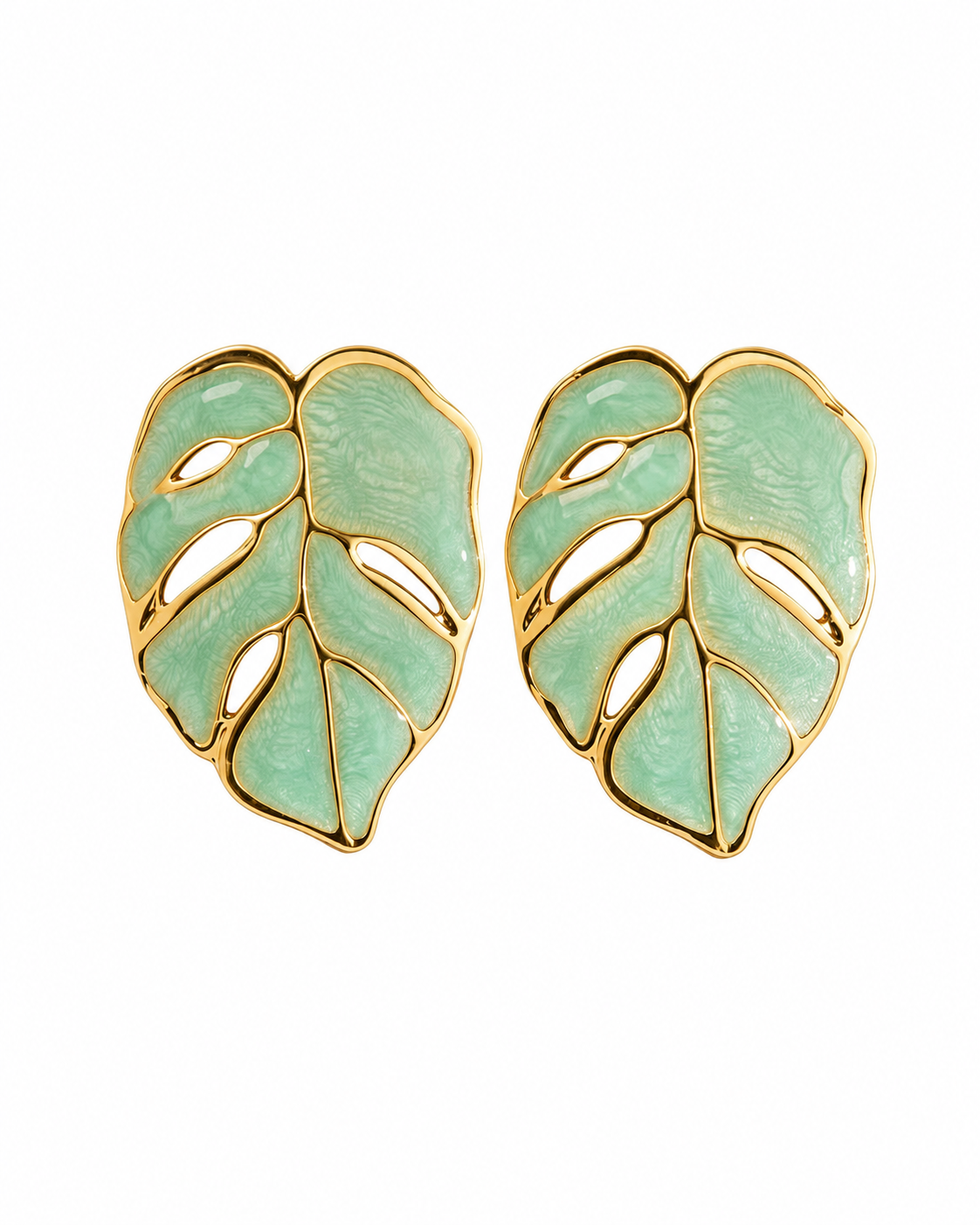 Front view of Monstera Enamel Stud Earrings by Zodiglow