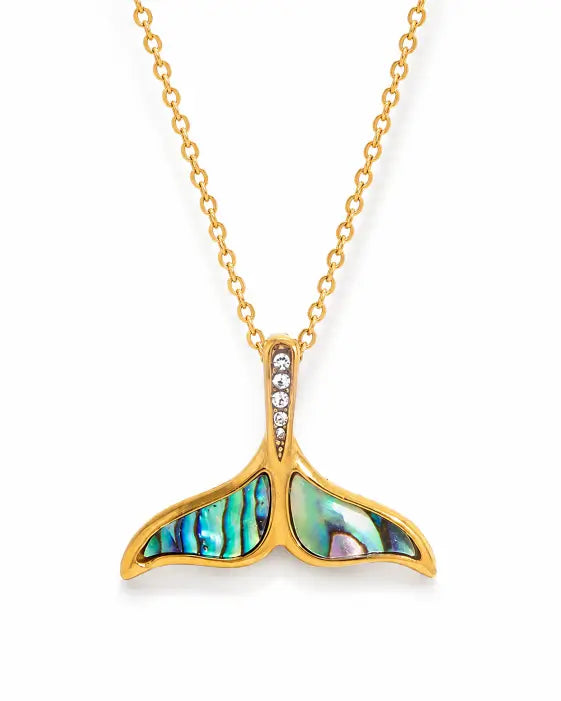 Front view of Nerina Gold Whale Tail Necklace by Zodiglow