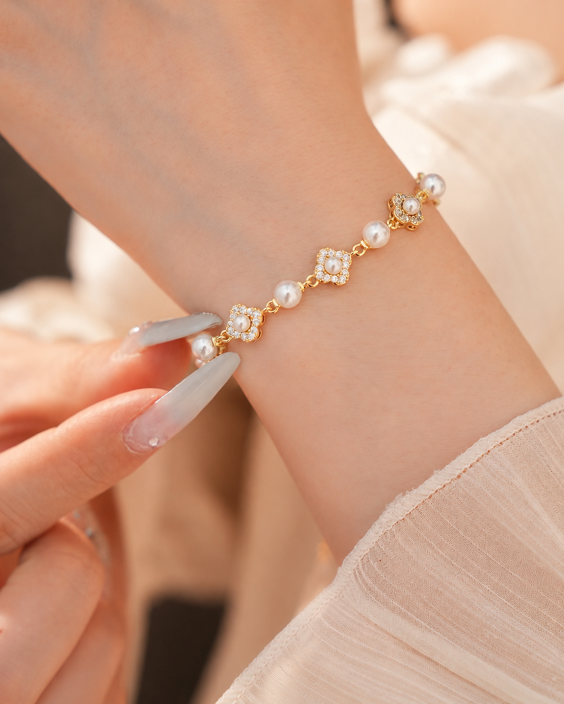 Alternate view of Pearl Clover Slider Bracelet by Zodiglow