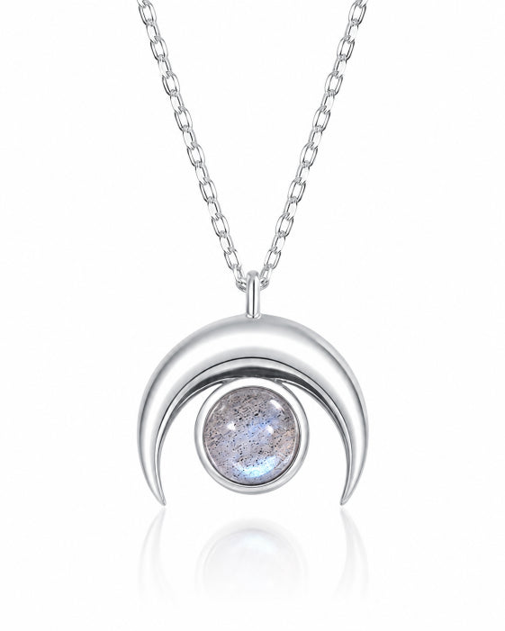 Front view of Selene Labradorite Crescent Necklace by Zodiglow