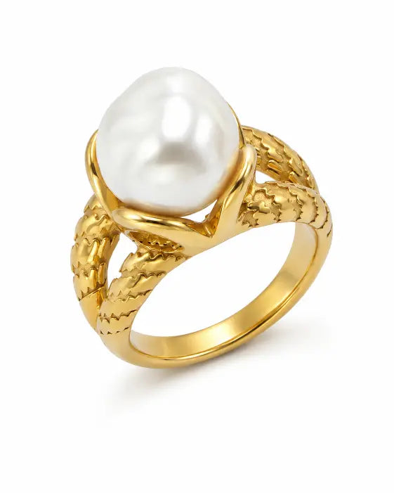 Side view of Seraphine Pearl Sculptural Ring Collection by Zodiglow