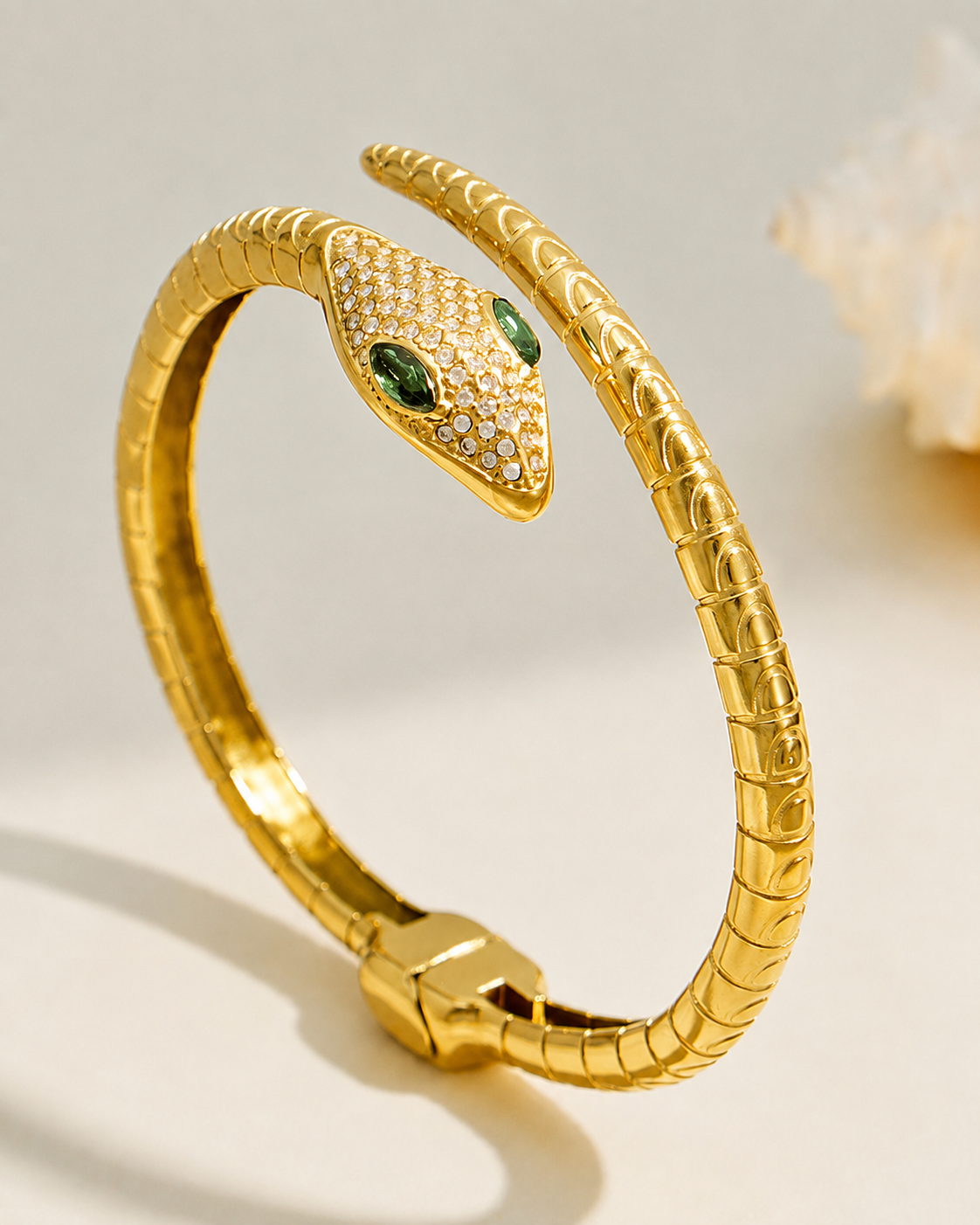 Close-up view of Serpentine Crystal Eye Bangle by Zodiglow