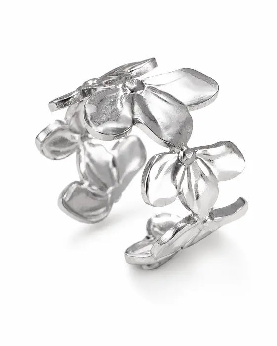 Side view of Silver Floral Adjustable Ring by Zodiglow