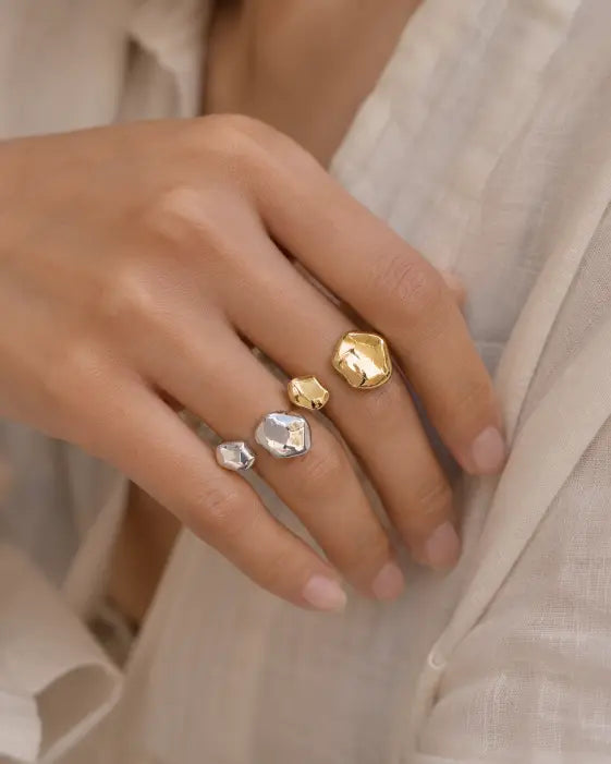 Close-up view of Luna Pebble Silver Open Ring by Zodiglow