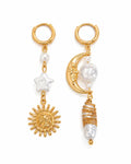 Front view of Solara Celestial Pearl Asymmetrical Earrings by Zodiglow