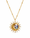 Front view of Solara Gold Sun Moon Necklace by Zodiglow
