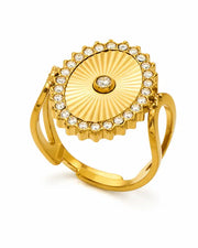 Detail view of Solara Full-Zircon Sunburst Statement Ring Collection by Zodiglow