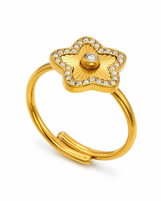 Styled view of Solara Full-Zircon Sunburst Statement Ring Collection by Zodiglow