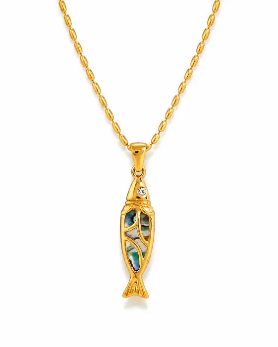Front view of Solea Gold Fish Pendant Necklace by Zodiglow