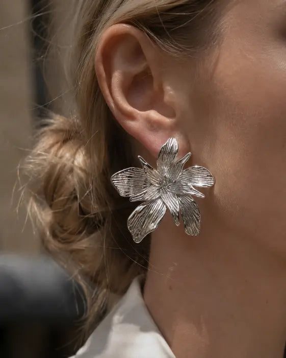 Detail view of Solenne Sculptural Bloom Statement Earrings by Zodiglow