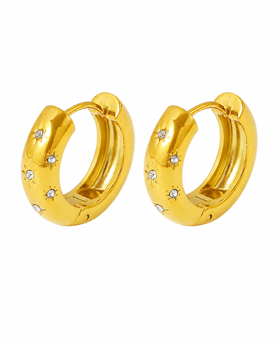 Front view of Starlit Huggie Earrings by Zodiglow