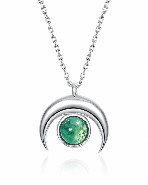 Front view of Sylva Moss Agate Crescent Necklace by Zodiglow