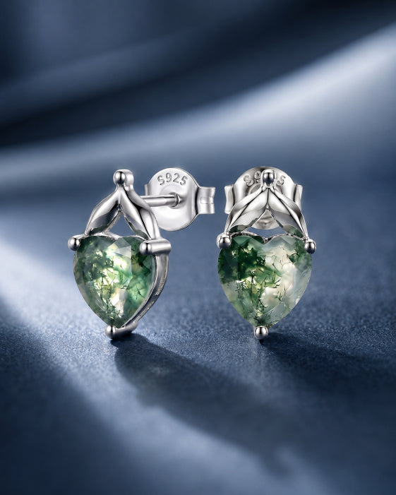 Detail view of Sylva Moss Agate Heart Stud Earrings by Zodiglow
