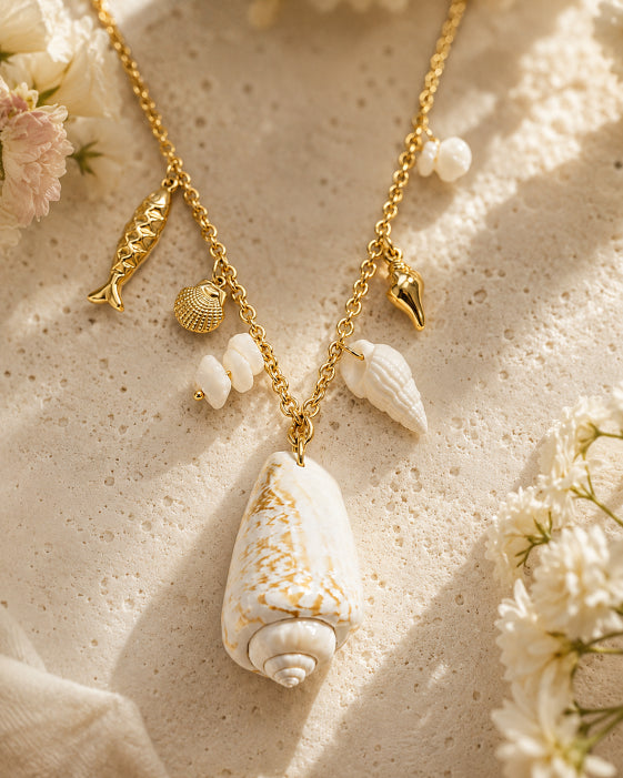 Detail view of Thalassa Shell Charm Long Necklace by Zodiglow