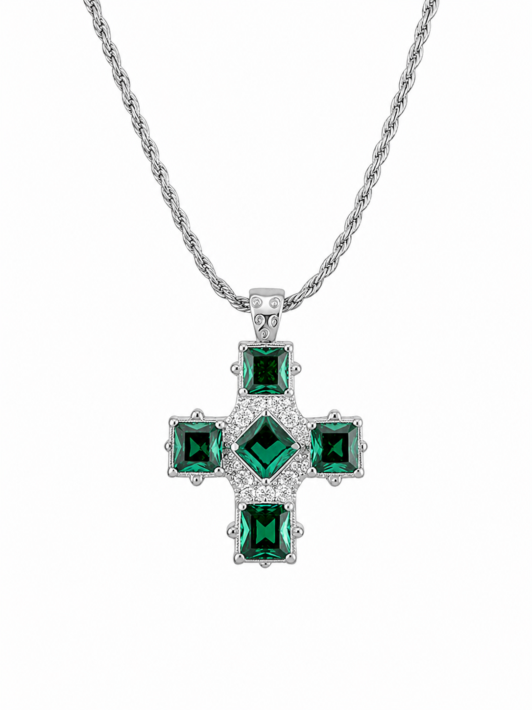 Front view of Verde Crystal Cross Necklace by Zodiglow
