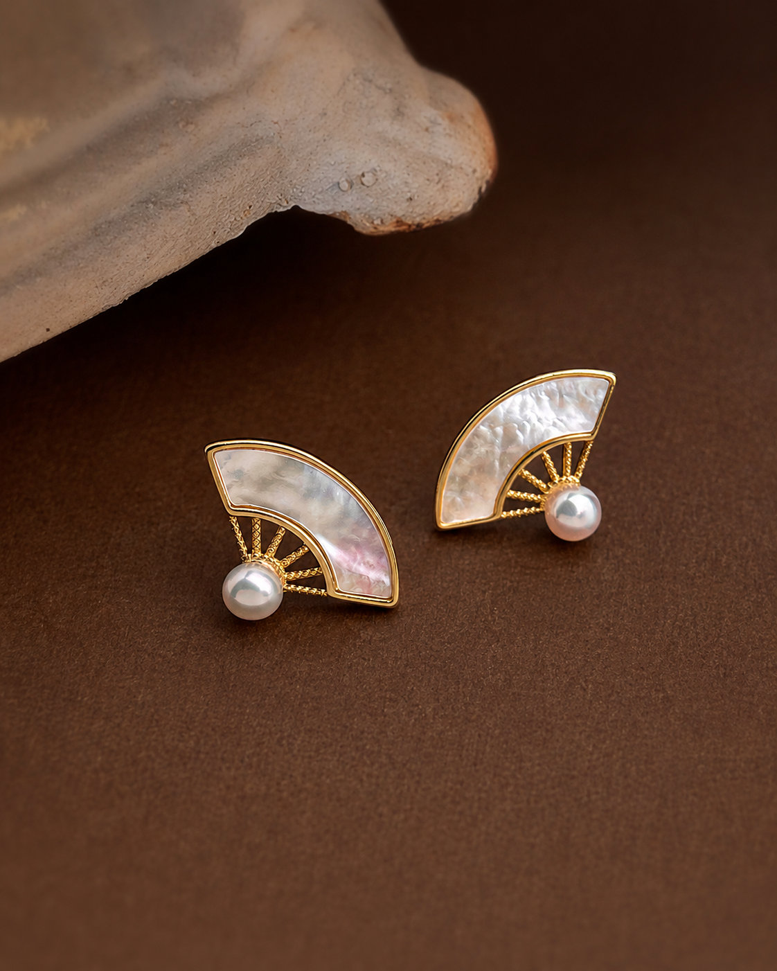 Detail view of Yunxi Freshwater Pearl Fan Stud Earrings by Zodiglow